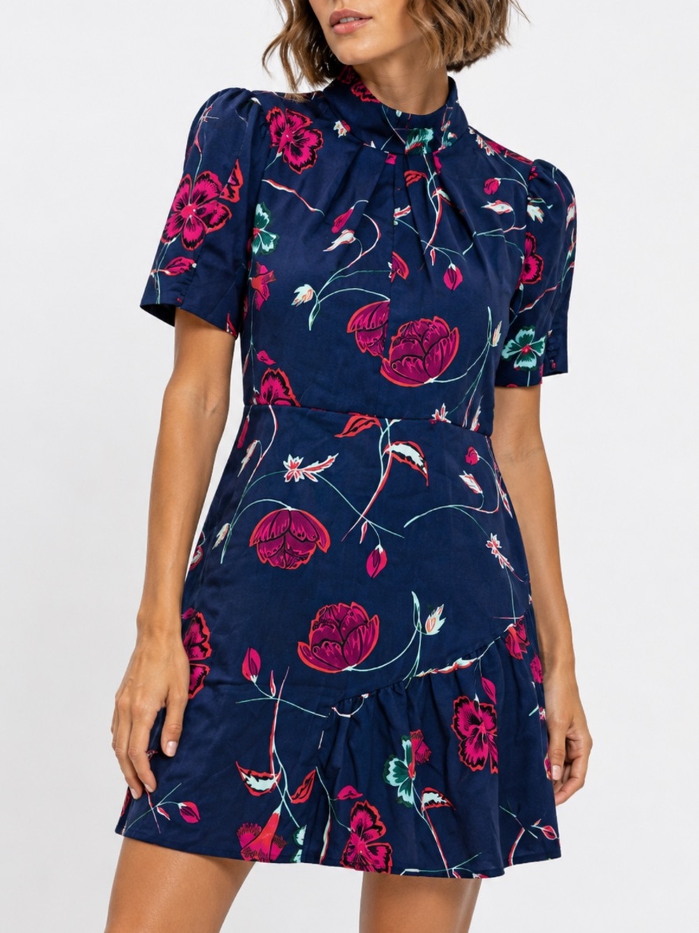 Ochirly Navy Floral mock Neck key hole Short Dress